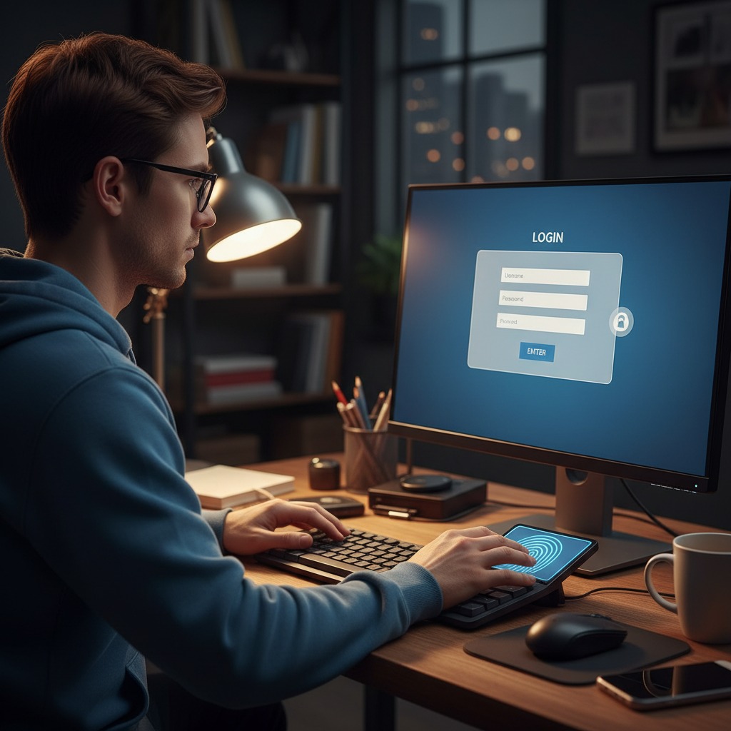 A young man wearing glasses and a blue hoodie sits at a wooden desk in a dimly lit room, typing on a keyboard while a login screen is displayed on his computer monitor.